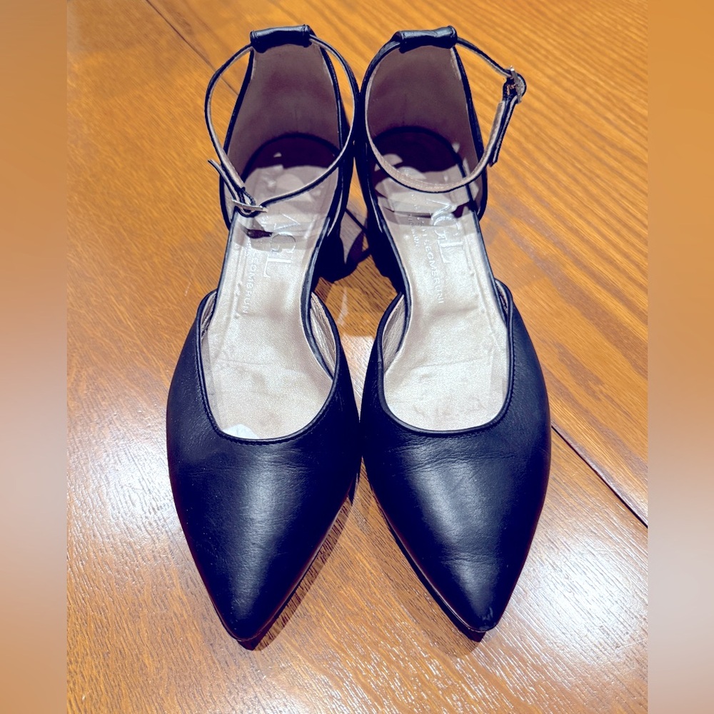 AGL Black Flats with Ankle Straps, Size 36 1/2 US6.5, Luxury Soft Pure Leather